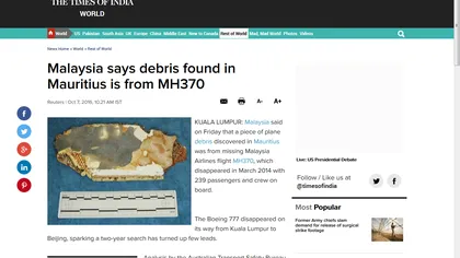 Bucata de aripă a Boeingului malaezian dispărut în 2014, descoperită în Mauritius, aparţine avionului