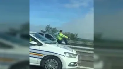 Imagini uluitoare pe Autostrada Bucureşti-Piteşti. Şofer pe contrasens, un poliţist sare să-l oprească