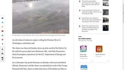 Districtul Columbia: Scurgere uleiosă suspectă pe Râul Potomac