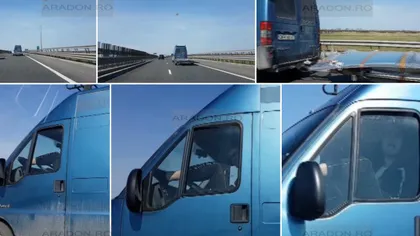 Imagini şocante pe Autostrada Arad-Nădlac. Şoferul unui microbuz, filmat cu picioarele pe volan