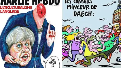 CAPUL TĂIAT al Theresei May, pe coperta revistei satirice franceze Charlie Hebdo
