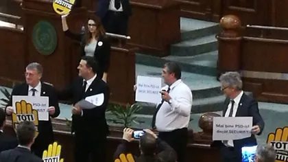 PSD contraatacă cu pancarte în plenul Senatului: Mai bine PSD-ist decât securist