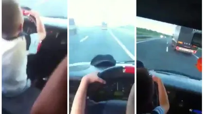 Imagini incredibile! Un copil la volan, pe autostradă în România. E singur pe scaun şi intră în depăşire VIDEO