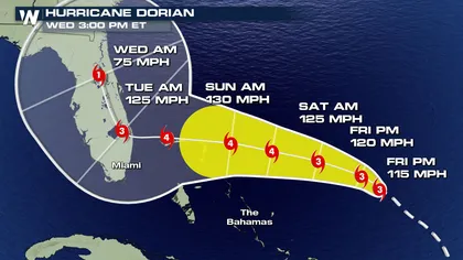 Uraganul Dorian a ajuns la categoria 4. Viteza vântului este de 215 kilometri pe oră