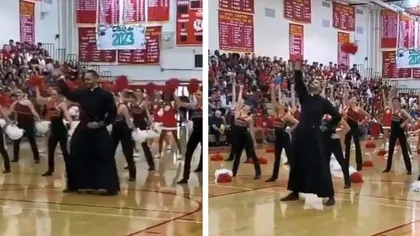 Un preot a dansat, cot la cot cu majoretele, la un eveniment organizat de un liceu