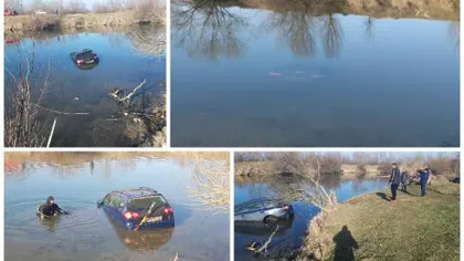 Un bărbat a rămas fără maşină după ce aceasta s-a scufundat în râu. Şoferul a uitat să tragă frâna de mână!