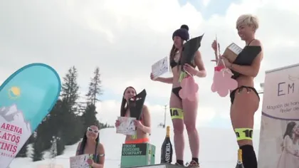 Miss bikini pe pârtie la Păltiniş. VIDEO cu fetele în costume de baie şi clăpari