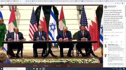 Acorduri istorice semnate între Israel, Emiratele Arabe Unite şi Bahrein, la Washington. 