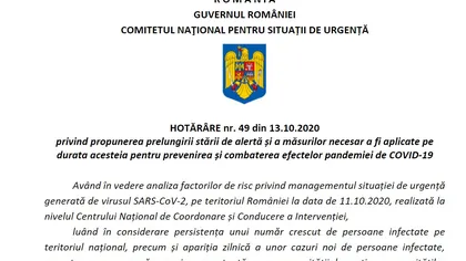 DOCUMENT. Noi restricţii pentru români, starea de alertă prelungită prin HG 49