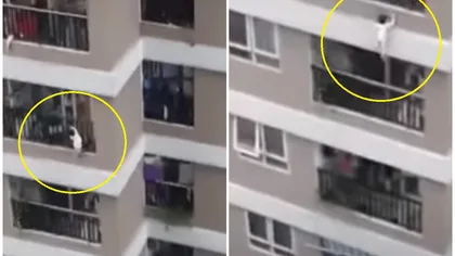 O fetiţă de trei ani cade de la etajul 13 şi este prinsă de un tânăr. Imagini cu puternic impact emoţional