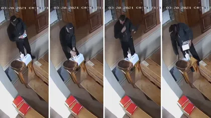 Imagini de cascadorii râsului. Un hoţ surprins cum se dezinfecta şi îşi făcea cruce în biserică, înainte de a fura banii din cutia milei - VIDEO