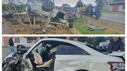Accident grav la Suceava. Un vitezoman beat s-a răsturnat după ce a lovit un gard şi o maşină parcată