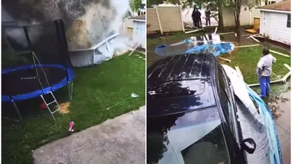 Accident spectaculos! O şoferiţă a intrat cu autoturismul prin gardul unei case şi a plonjat în piscină VIDEO