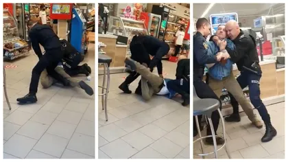 Panică uriaşă într-un supermarket din Sibiu! Un bărbat înarmat cu un cuţit i-a ameninţat pe oameni. Polițiștii s-au luptat să-l încătuşeze VIDEO