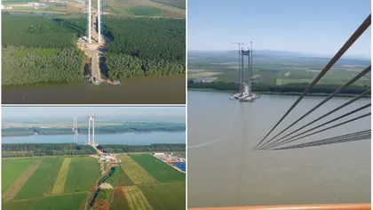 Imagini spectaculoase cu podul suspendat peste Dunăre de la Brăila. A început întinderea cablurilor. 