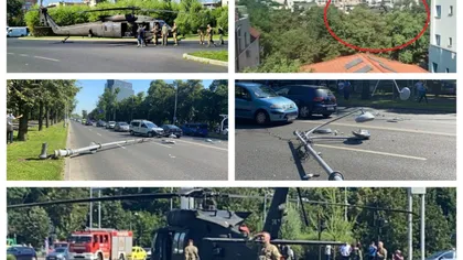 Incident aviatic în Bucureşti. Elicopter militar, la un pas de tragedie după ce a aterizat pe străzile din Capitală. Mai mulţi stâlpi au fost doborâţi!