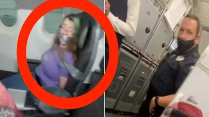 Situație halucinantă într-un avion. O femeie a fost legată cu bandă adezivă după ce a atacat însoțitoarele de zbor! Imaginele au devenit virale