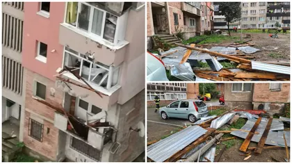 Furtună în Valea Jiului. Vijelia a smuls acoperişul unui bloc şi a doborât un stâlp de electricitate în Hunedoara
