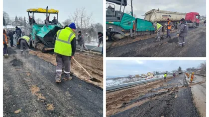 Lucrare de mântuială pe un drum naţional din Suceava. Muncitorii au turnat asfalt direct pe noroi