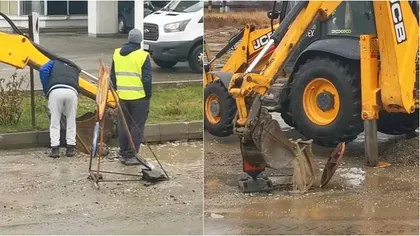 Imagini hilare în Slatina. ”Dorel” a încercat să scape de apa de pe stradă cu lopata! - VIDEO