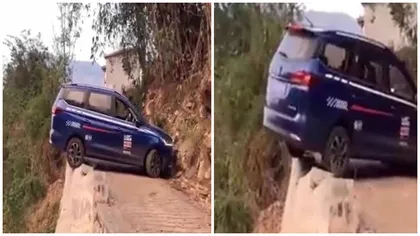 Momentul terifiant în care o mașină atârnă de marginea unei prăpăstii la limita dintre viață și moarte: „Mi-am ținut respirația vizionând asta” VIDEO