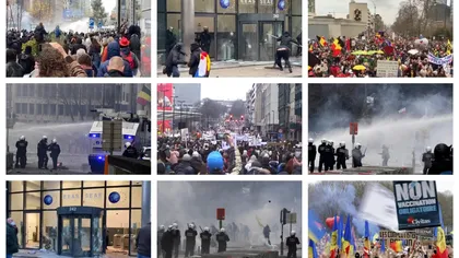 Ciocniri violente la protestul anti-restricţii COVID de la Bruxelles. Protestatarii au spart geamurile de la intrarea în clădirea Comisiei Europene. Forţele de ordine au intervenit cu tunuri cu apă şi gaze lacrimogene VIDEO