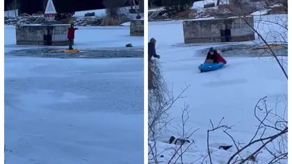 Selfie pe capota maşinii care se scufundă într-un râu îngheţat. Distracţia era să o coste viaţa pe şoferiţă: 