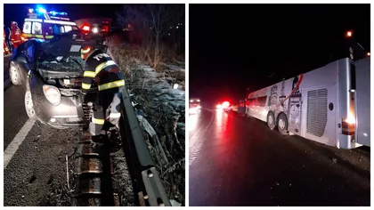 Accident cumplit între un autocar cu 60 de persoane şi o maşină în Suceava. Şoferul autoturismului, un tânăr de 20 de ani, a murit pe loc