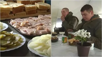 VIDEO Propaganda rusă arată cât de îmbelşugată este popota soldaţilor, în Ucraina. În realitate, răcanii aleargă după copane prin coteţele localnicilor