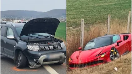 Un accident între un Duster şi un Ferrari, ţinta ironiilor Poliţiei: ”Dacia Duster vs Ferrari SF90 Stradale, rezultat 1-0”