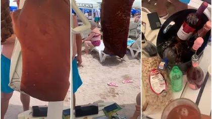 Imagini halucinante pe plaja de la Costineşti! Mai mulţi turişti care au întins masă mare şi-au agăţat carnea afumată de umbrelă. VIDEO