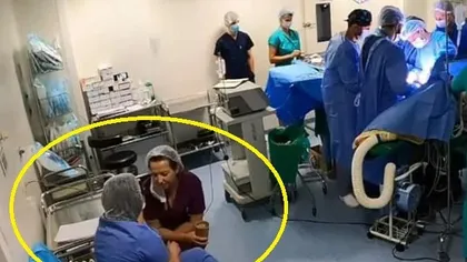 Medici revoltaţi de imaginile surprinse în sala de operaţie de la Fundeni, în care două cadre medicale beau cafea şi butonează telefonul: 