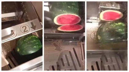 N-ai cum așa ceva! Românii își feliază pepenele la LIDL la aparatul pentru tăiat pâine! Video viral cu imaginile supertari
