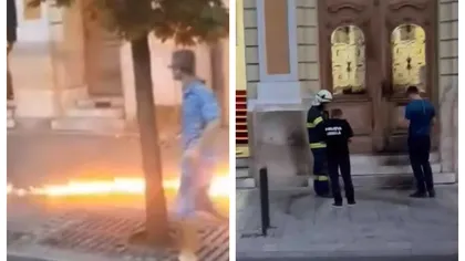 Scene şocante în Cluj-Napoca. Un tânăr a dat foc uşii de la intrarea în Primărie