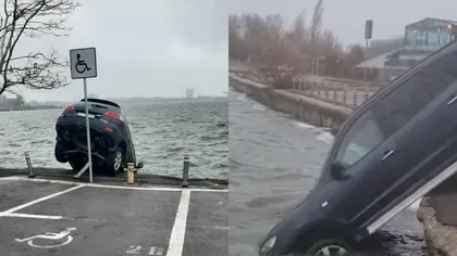 O mașină a testat temperatura apei în lacul Tăbăcăriei din Constanța. Şoferul a uitat să tragă frâna de mână