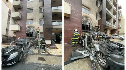 O mașină a explodat în Cartierul Francez din Bucureşti. Incendiul s-a extins şi la imobilul în faţa căruia era parcată