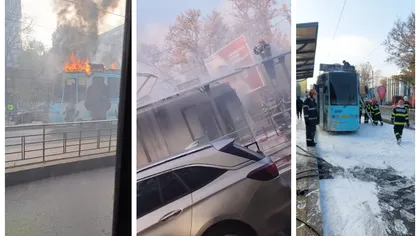 Un tramvai a luat foc în Bucureşti. Sunt degajări mari de fum. Traficul a fost oprit