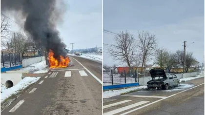 FOTO: Aproape de o tragedie pe drumurile publice. Mașina a început să ardă în timp ce șoferița se afla la volan