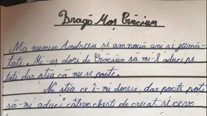 Scrisoarea dureroasă a Andreei, o fetiță de nouă ani, pentru Moș Crăciun: „Vreau să mi-l aduci pe tati”