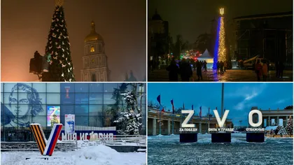 Crăciunul, văzut pe timp de război! În timp ce Moscova s-a împodobit cu simbolurile războiului, Kievul a optat pentru decoraţiuni cu porumbei albi