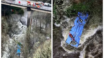 Tragedie naţională! Un autobuz plin cu călători a căzut de pe un pod într-un râu! Sunt cel puțin trei morți și patru dispăruți VIDEO