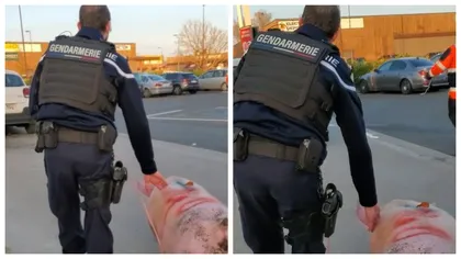 Jandarmii francezi au salvat un porc care urma să fie sacrificat de români și l-au dus la secție. Imagini devenite virale pe Tik Tok - VIDEO