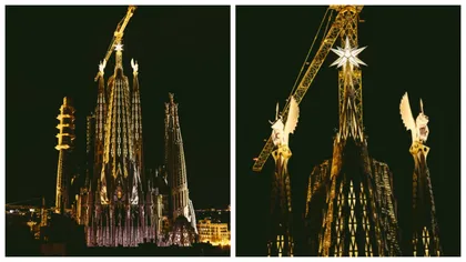 Imagini spectaculoase cu turnurile evangheliștilor Marcu și Luca ale bazilicii Sagrada Familia. Au fost iluminate pentru prima oară