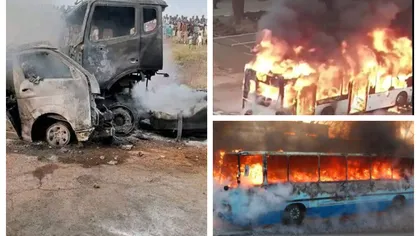 Cod roşu, doliu naţional: 18 oameni au ars de vii după ce un microbuz a intrat în plin într-un camion