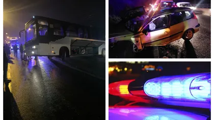Accidente în lanţ joi seara: autocar în şanţ la Bistriţa, carambol cu trei maşini la Târgovişte şi alunecări de pietre pe valea Oltului