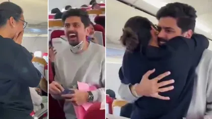 Imagini emoționante la bordul aeronavei! Și-a cerut iubita în căsătorie în timpul zborului. Ea nici măcar nu știa că se află în același avion - VIDEO