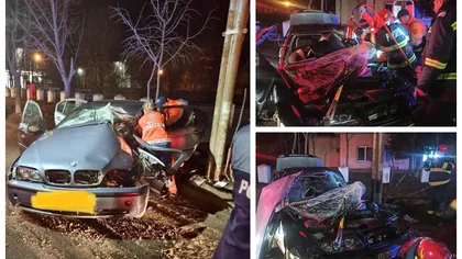 Accident cu BMW în Vaslui. Șoferul de 22 de ani a rămas blocat cu picioarele sub bord
