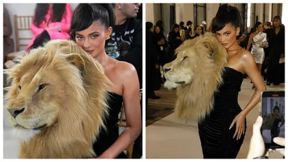 Kylie Jenner, apariție șocantă la Săptămâna Modei de la Paris. Vedeta a purtat o ținută cu un cap de leu în mărime naturală