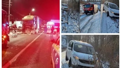 Două TIR-uri s-au ciocnit la Suceava, o maşină salvată de pe buza prăpastiei la Hunedoara