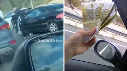 VIDEO Ploaie de bani pe o autostradă din Spania. Șoferii au oprit mașinile și au început să strângă bancnote